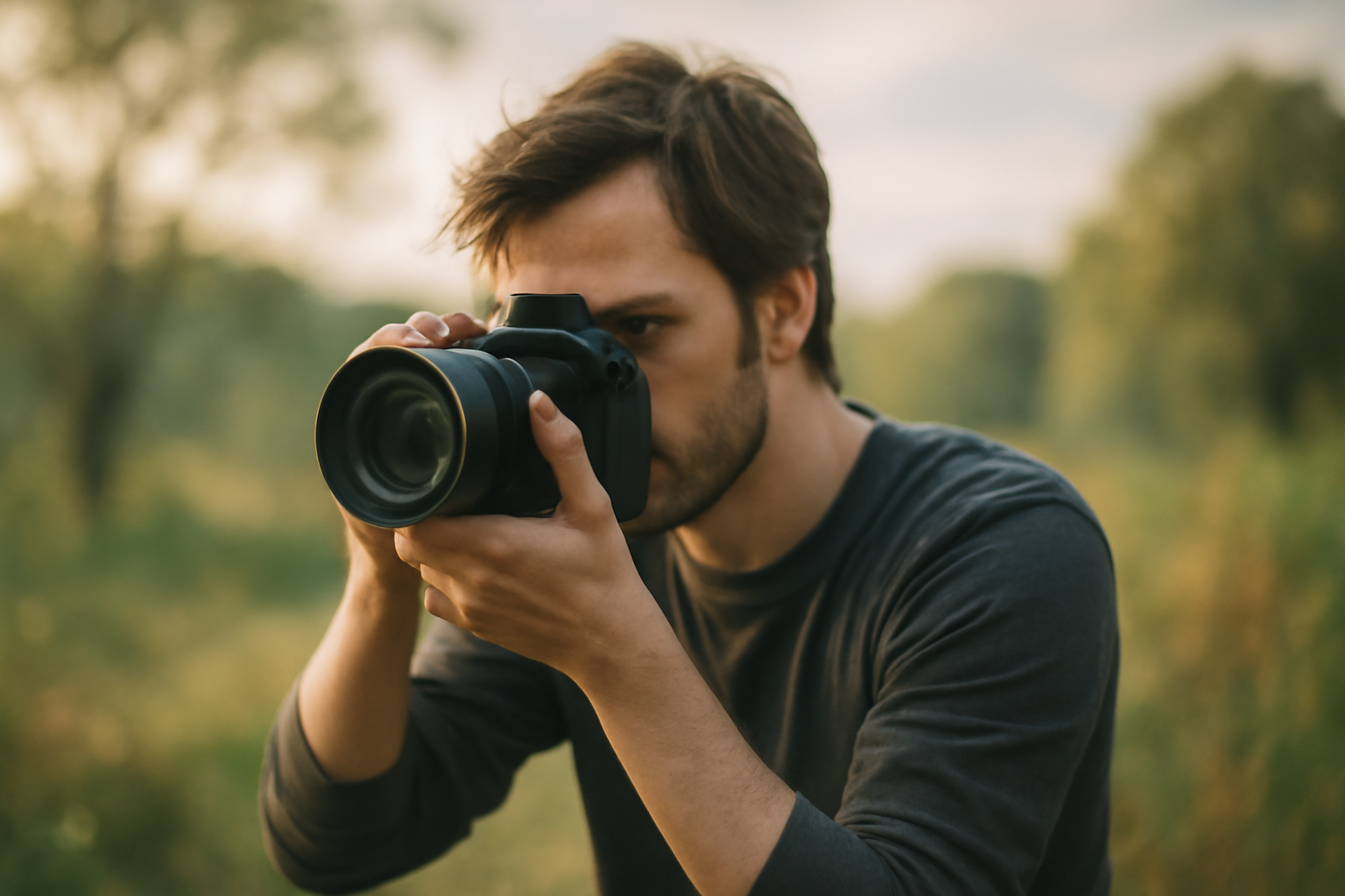 عکاس حرفه‌ای در حال ثبت یک صحنه زیبا در فضای باز با دوربین حرفه‌ای، با تمرکز بر خلاقیت و دقت در عکاسی. این تصویر نمایانگر علاقه و تمرکز عکاس در هنگام عکاسی از طبیعت است. بهترین دوره‌های عکاسی