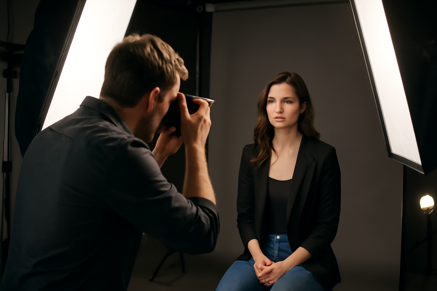 عکاس حرفه‌ای در حال گرفتن پرتره از یک مدل در استودیو با استفاده از نورپردازی پیشرفته با سافت باکس‌ها، دقت در تنظیمات نور و موقعیت‌یابی دقیق برای ثبت تصویری بی‌نقص از مدل.