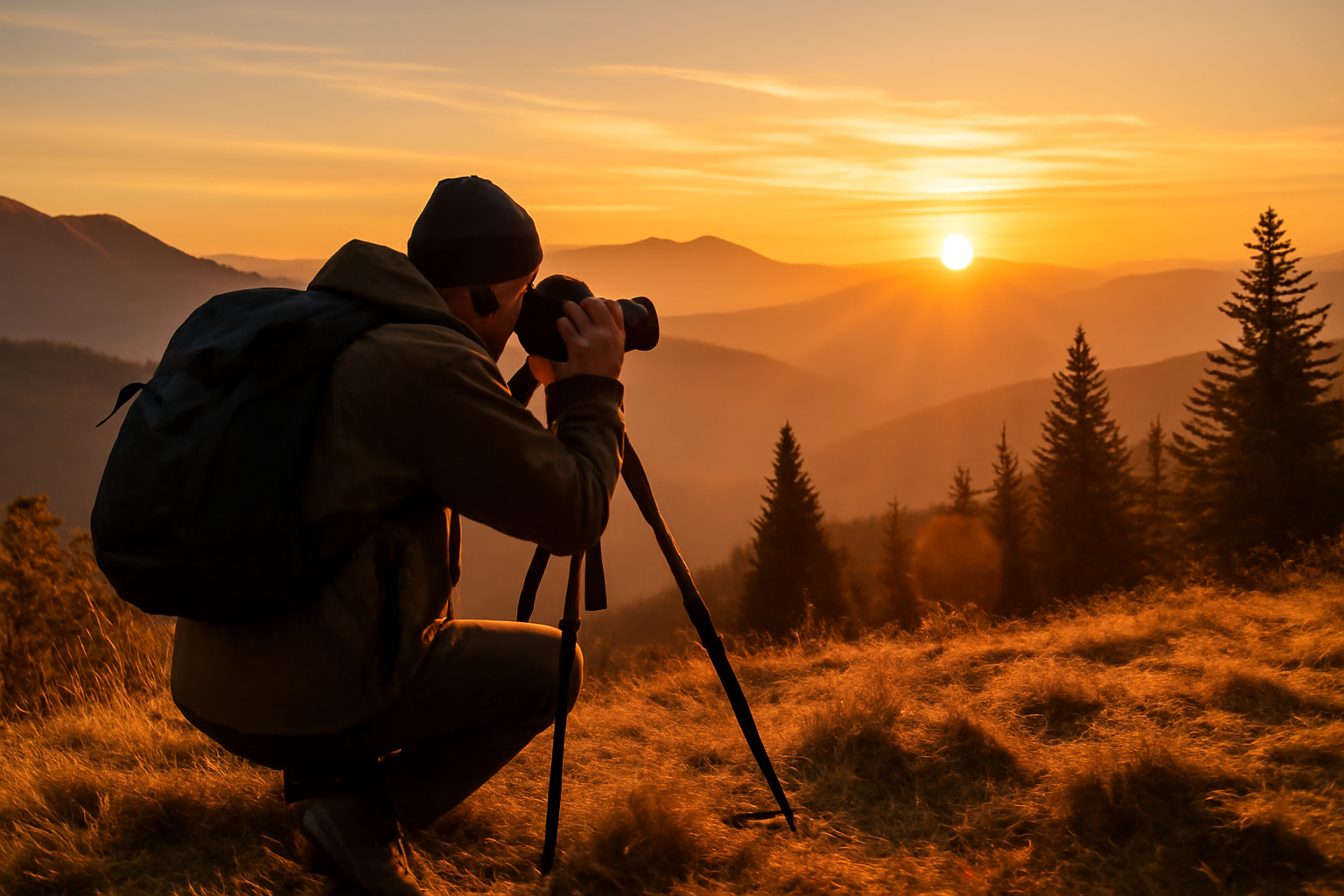 عکاس حرفه‌ای در حال عکاسی از طبیعت زیبا در هنگام طلوع آفتاب، با منظره‌ای از کوه‌ها و درختان در پس‌زمینه.