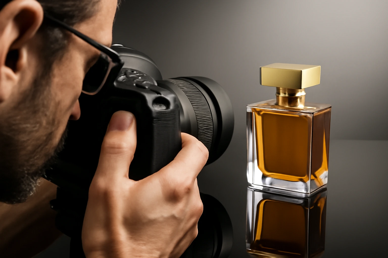 عکاسی حرفه‌ای از بطری عطر با نورپردازی دقیق در آموزش عکاسی تبلیغاتی