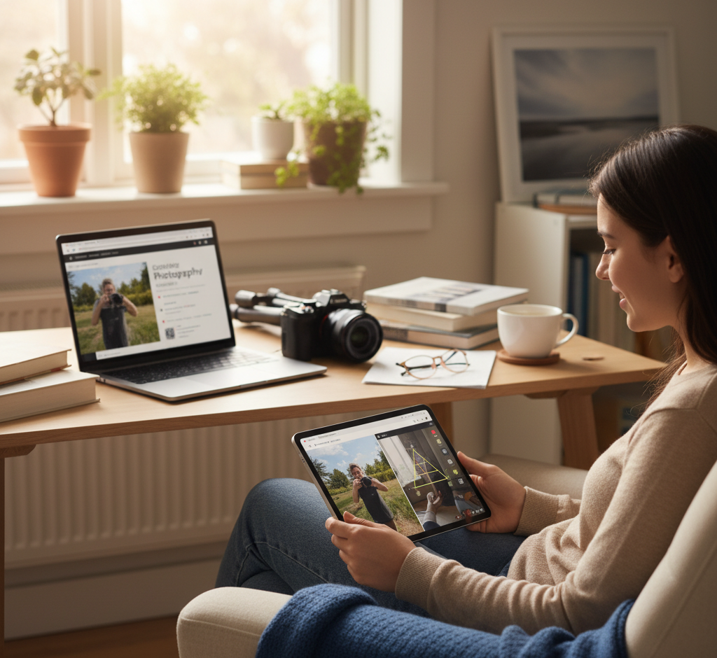 یک فرد جوان در حال یادگیری عکاسی آنلاین از خانه خود، در حالی که به لپ‌تاپ خود نگاه می‌کند و دوربین عکاسی در دست دارد. فضای دلپذیر با دکوری مدرن، میز تمیز و تجهیزات عکاسی مانند دوربین و سه‌پایه به وضوح دیده می‌شود. بهترین دوره‌های عکاسی آنلاین